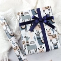 Cartoon alpaca and cactus gift wrapping paper with a navy blue satin ribbon bow - Alpaca