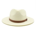 Detail of Panama straw hat featuring cream woven texture and brown leather strap buckle - M(56-58cm) / Milky White