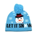 Close-up of blue winter knit hat featuring a snowman pattern and Let It Snow text - M(54-58cm) / Blue Snowman Pattern LET IT SNOW (13#)