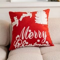 Red tufted Christmas cushion cover with white embroidered reindeer and Merry Christmas text - Velvet Christmas Reindeer