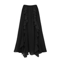 Front view of black chiffon midi skirt with symmetrical ruffle details and elastic waist - Black Skirt