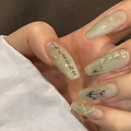 Green gradient press-on nails with Chinese calligraphy and bamboo art in long trapezoid shape - R804 Bamboo Shadows And Gentle Breeze / Nail Glue Version