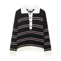 Elegante maglione a righe da donna con colletto a polo e bordi a contrasto raffinati - S / Righe Nero Bianco Marrone
