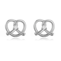 Detailed view of silver bow-shaped stud earrings with sparkling central zircon inlay - Single Zirconia Pretzel Stud Earrings / Silver