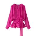 Rose red pleated satin top with long sleeves and a belted waist for women - S / Rose Red