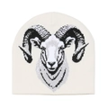 Detailed view of stylized ram head jacquard pattern on cream knitted beanie hat - M (56-58cm) / Beige