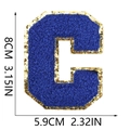 Macro detail of blue chenille letter C patch with gold glitter edge showing 8cm height - Letter C