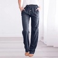 Détail du pantalon large en lin pour femme avec taille élastique à cordon de serrage - S / Bleu marine