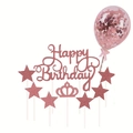 Close-up of rose gold glitter Happy Birthday topper set with stars, crown and confetti balloon - Rose Gold Set 04