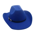 Chapeau de jazz en feutre bleu vif avec bande en cuir noir et boucle en métal argenté - Bleu royal (Ceinture en cuir et boucle argentée)