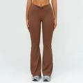 High-waisted flared yoga pants in dark brown with V-shaped ruched crossover waist detail - S / Coffee