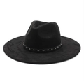 Black wide brim felt fedora hat with silver metal rivet ribbon band on white background - M (56-59cm) / Black