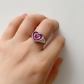 Detailed view of silver ring featuring layered purple and pink enamel heart designs - US 6 / Dark Red 18K Gold
