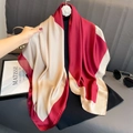 Red and beige patchwork silk scarf draped elegantly with sunglasses and a handbag - Style 1