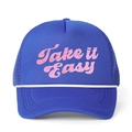 Royal blue mesh trucker hat with pink Take It Easy embroidery and decorative white rope - One Size / Royal Blue/Pink Logo
