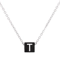 Pendentif carré en acier titane avec lettre T blanche sur perle cubique noire - Lettre T (KN238023-Z)