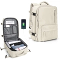 Beige large capacity travel backpack with USB charging port and multi-compartment design - Off White