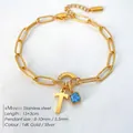 Elegante 14K vergulde roestvrijstalen armband met blauw kristal en letter I-hanger - L / Staalkleur