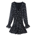 Abito floreale a maniche lunghe con scollo a V, orlo a balze e fiocco frontale - XS / Nero