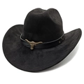 Close-up of black suede cowboy hat with bronze bull head badge and metal rivets - M (56-58cm) / Black