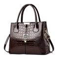 Polished faux crocodile leather handbag in dark brown with gold cat charm and strap - Coffee