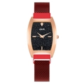 Fashionable tonneau star sky ladies watch with red magnetic mesh band and rose gold case - Red