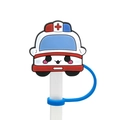 Cartoon ambulance silicone straw cover cap with blue attachment ring for reusable straws - 1718-03 Cartoon Ambulance