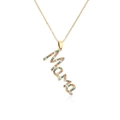 Close-up of gold Mama necklace with rainbow cubic zirconia inlay and 18K gold plating - Gold Multicolor Zirconia