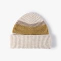 Winter wool knitted beanie with cream, brown, and yellow stripes and cuffed brim - Adjustable / Beige