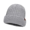 Winter knitted beanie in light grey with thick ribbing and brown leather side patch - Light Gray