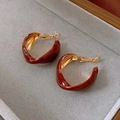 Deep red enamel twisted C-shape hoop earrings with vintage gold metal accents - Vintage Wine Red Enamel Twisted Style