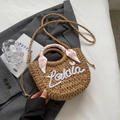 Braune Strohtasche mit floralem Seidentuchgriff und Lalaia-Stickerei für Damen - Khaki