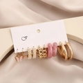 Five-pair gold and pink earring set featuring pearls and leopard resin on white card - Pink Butterfly Pearl Combo (50)