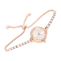 Detail of rose gold bracelet watch with sparkling rhinestones and adjustable slider buckle - Rose Gold White Face