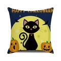 Happy Halloween pillow cover with cute black cat, pumpkins and bats on blue background - Happy Halloween Black Cat