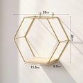 Mensola da muro esagonale dorata con base in legno chiaro e telaio metallico sottile - 23x20x9.5cm / Esagono Singolo 3-Oro