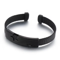 Men's black woven stainless steel cuff bracelet with star cutouts on matte metal plate - Black (KB151063-KLHQ)