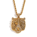 Hip hop 18K gold plated tiger head pendant necklace with rhinestones and rope chain - Full Zirconia Tiger Head Pendant Rope Chain Men's Necklace - Gold