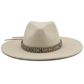 Detail of cream wool fedora with ethnic geometric woven band and brown leather drawstrings - M (56-58cm) / Beige
