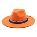 Detailed view of an orange wool felt fedora featuring ethnic style tasseled ribbon trim - M (56-58cm) / Orange