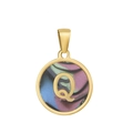 Pendentif lettre Q en acier inoxydable doré 18 carats avec insert irisé coloré - Q-Coquille Multicolore
