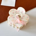 Floral claw clip with pink bow and rose duck pattern on cream acetate surface - Pink Flower Claw Clip-7.5cm