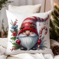 Christmas gnome pillow cover with candy cane and festive watercolor design on white - CDR381-13
