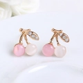 Pink and white cat eye stone cherry earrings in rose gold finish with crystals - Pink White Cat Eye Cherry Studs (0084)