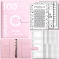 Roze PU-lederen 100 enveloppen spaarchallenge binder met tracker en PP-insteekhoezen - Roze Kaft + 25 Genummerde Folies + 2 Smile Trackers / Roze (Gedrukt + 2 Smile Papers)