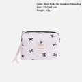 Polka dot pillow makeup bag in white with black bow embroidery and quilted texture - White Pillow Bag