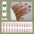 Uñas postizas de bailarina largas rosas con patrones de líneas onduladas verde oscuro - Estilo Bambú con Tinta Francesa (Tipo Pegamento)