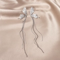 Silver butterfly tassel earrings with hammer texture on champagne satin background - Hammered Butterfly Tassel (E4121-1)