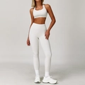 White two-piece yoga set with a high-waisted leggings and a supportive sports bra - M / Apricot White-Leggings Set
