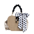 Straw heart-shaped bag with black handle and polka dot scarf accessory in variant view - Black